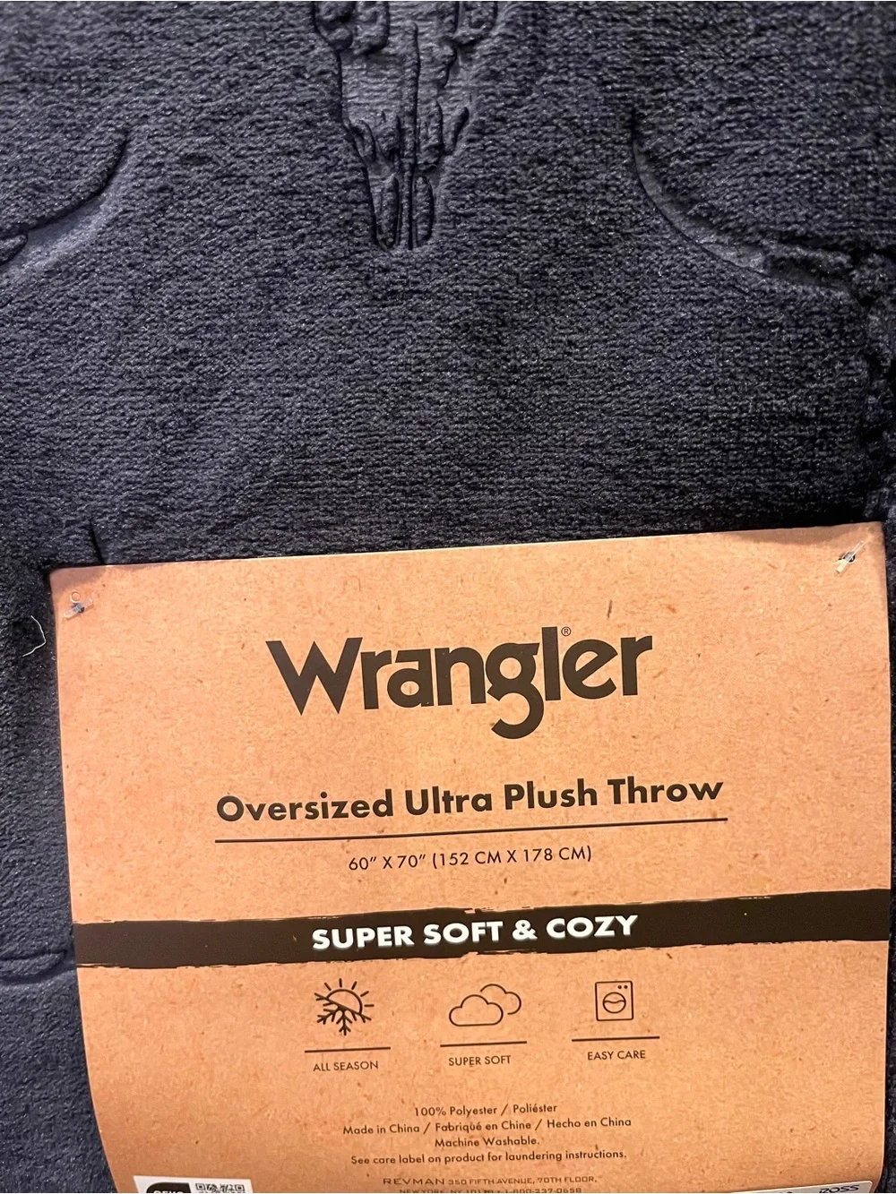 Wrangler Plush Throw Blanket Navy with Longhorn Embossed